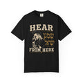 Shema Yisrael — Hear From Here Jewish T-Shirt (White on Black)